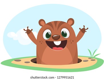 Cool cartoon marmot or chipmunk or humster in major hat waving his hands looking out of its borrow on spring background. Vector illustration. Groundhog day. Party invitation