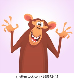 Cool cartoon monkey character icon. Wild animal collection. Chimpanzee mascot waving hand and presenting. Isolated on white background. Flat design. Vector illustration. Design for label, emblem, logo
