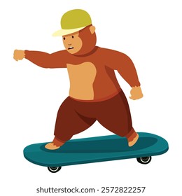 Cool cartoon monkey wearing a backwards cap and pants is skateboarding