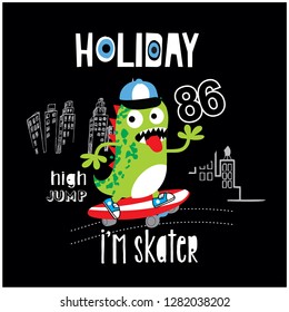 cool cartoon monster dinosaur skate boarding, vector, illustration