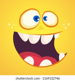 Cool cartoon monster face avatar. Vector Excited orange monster with big mouth full of teeth. 