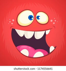 Cool cartoon monster face avatar. Vector Halloween excited  monster devil with big mouth full of teeth. 