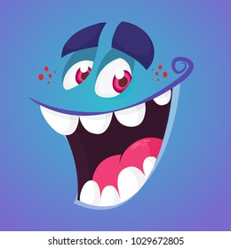 Cool cartoon monster face talking. Vector Halloween  monster avatar with a big smile. Design for print, children book, party decoration