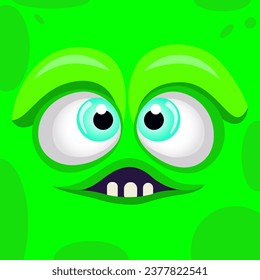 Cool cartoon monster green face. Halloween monstrosity. Emotions, cartoon face, funny monsters. Monster face emotion. Halloween cartoon monster face. Vector cartoon printable illustration. Wide smile