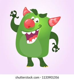 Cool cartoon monster pressenting or pointing hand. Vector green monster troll illustration. Halloween design. Design for decoration, print or sticker