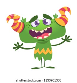 Cool cartoon monster. Vector green monster troll illustration. Halloween design. Design for decoration, print or sticker