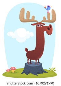 Cool cartoon moose standing on a stump. Vector illustration isolated on a wood background