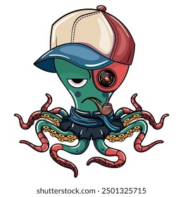 Un pulpo de dibujos animados fresco con un ojo cyborg, con una gorra de béisbol y una bufanda, fumando una pipa con una expresión relajada. Ilustración para comics de fantasía, ciencia ficción y aventura