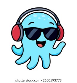 Cool cartoon octopus in sunglasses and headphones listening to music. A fun, happy character ideal as a gaming mascot, t-shirt print, or DJ party poster. Vector illustration isolated on white.