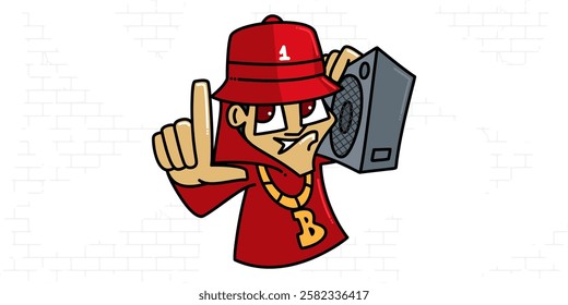 Cool Cartoon Old School Graffity Style Hip Hop Character Design Of B-boy Dancer Vector Illustration