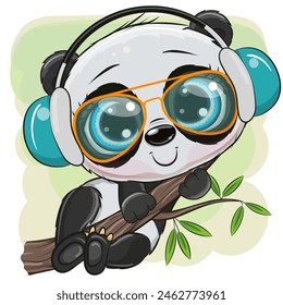 Cool Cartoon Panda in glasses and headphones is sitting on a tree