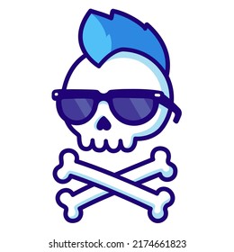 El cráneo de rock punk de caricatura fría y los huesos cruzados con mohawk y gafas de sol. Estilo cómic sticker de Jolly Roger. Ilustración de imagen de clip vectorial.