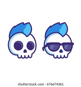 Cool cartoon punk rock skull with mohawk and sunglasses. Comic style vector illustration for sticker or logo.