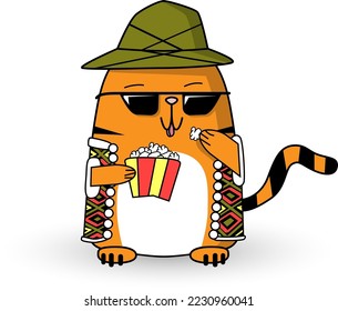 Cool cartoon red cat mascot eat pop corn in hat, colorful vest, sunglasses. Cute, funny striped pet character. Vector flat style illustration, isolated on white background