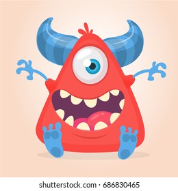 Cool cartoon red monster. Vector horned one eye cyclop monster screaming