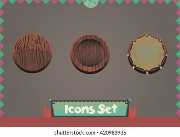 Cool cartoon round wooden game assets, wood kit for game ui development, vector totemic-style gui elements 