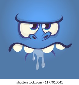 Cool Cartoon Scary Monster Face. Vector Halloween blue  monster avatar square