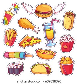 Cool cartoon set of fast food patch badges in pop art style. Vector collection of stickers and pins with meal.