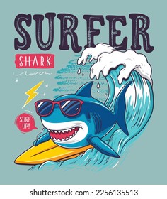 Cool cartoon shark surfing on a big wave, Vector clip art