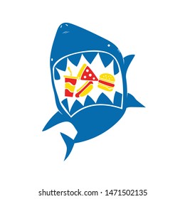 Cool cartoon shark vector design, eating junk food on white background