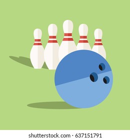 cool cartoon simple clean bowling game print. many isolated modern clean flat design style Bowling pin icon set & one big ball illustration. play it for business & sport with shadow