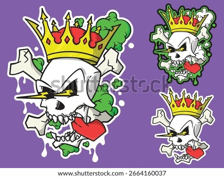 Cool cartoon skull with crown, crossbones, lightning eyes, and red tongue. Perfect vector for stickers, t-shirt prints, streetwear, and edgy graphic designs.
