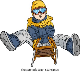 Cool cartoon sled rider in air. Extreme sport