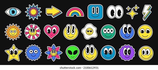 Cool Cartoon Smile Emoticon Character Stickers Collection. Set of Trendy Cute Funny Patches. Pop Art Elements.