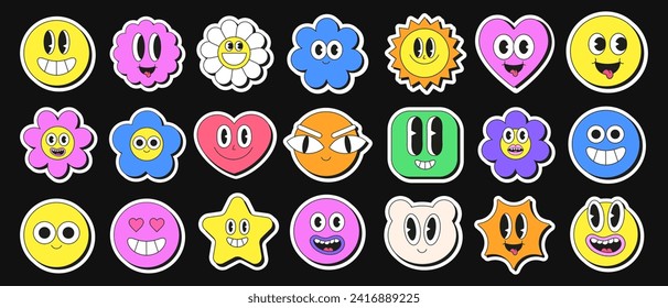 Cool Cartoon Smile Emoticon Character Stickers Collection. Set of Trendy Cute Funny Patches. Pop Art Elements.