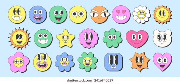 Cool Cartoon Smile Emoticon Character Stickers Collection. Set of Trendy Cute Funny Patches. Pop Art Elements.