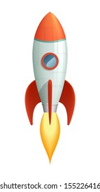 Cool Cartoon Style Launching Rocket With Flame Going Out Of The Booster. EPS10 Vector, Isolated On White.