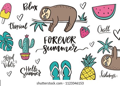 Cool cartoon summer print with sloth. 