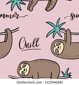 Cool cartoon summer print with sloth. Seamless Pattern