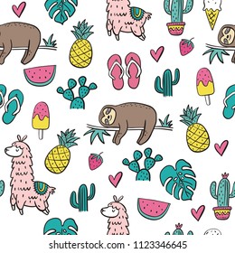 Cool cartoon summer print with sloth. Seamless Pattern