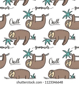 Cool Cartoon Summer Print With Sloth. Seamless Pattern