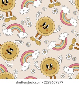 Cool cartoon sun and rainbow vector seamless pattern. Hippie vacation background. Retro groovy surface design for textile, scrap book 