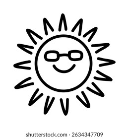 Cool cartoon sun with sunglasses and a smile. Hand-drawn doodle style in black line. Fun summer illustration for kids, coloring pages, stickers, t-shirts, posters, and digital prints. Vector art