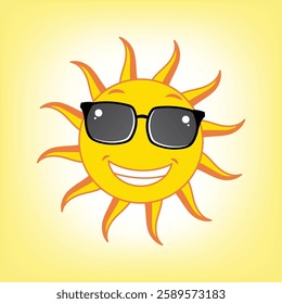 Cool cartoon sun wearing stylish sunglasses, radiating summer vibes.