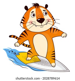 Cool cartoon surfer tiger catches the wave. Symbol of 2022, year of the tiger. Vector illustration on white background