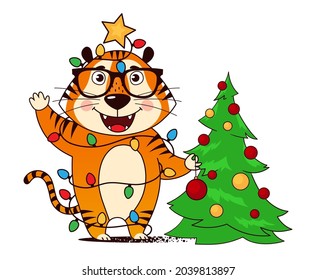 Cool cartoon tiger decorating Christmas tree with lights, tangled up in a garland. Symbol of 2022, year of the tiger. Vector illustration