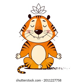 Cool cartoon tiger doing yoga, sitting in lotus position. Symbol of 2022, year of the tiger. Vector illustration