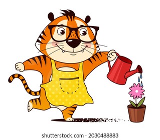 Cool cartoon tiger gardener watering flower in a pot, caring for greens. Symbol of 2022, year of the tiger. Vector illustration