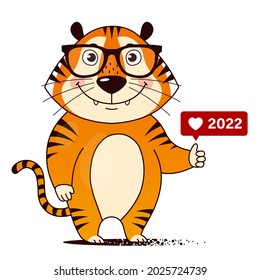 Cool cartoon tiger with glasses and like icon puts thumbs up. Symbol of 2022, Chinese New Year. Vector illustration