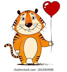 Cool cartoon tiger with red heart-shaped balloon. Symbol of 2022. Vector illustration