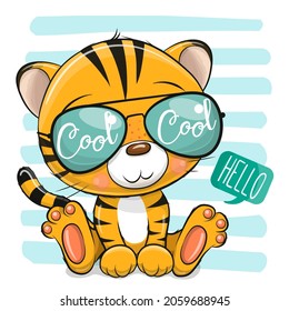 Cool Cartoon Tiger with sun glasses on striped background