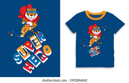 Cool cartoon tiger super hero vector t-shirt, poster design, print for kids. Funny brave powerful hero in cute superhero costume, red cloak, running at big letters. 2022 Year mascot at blue background