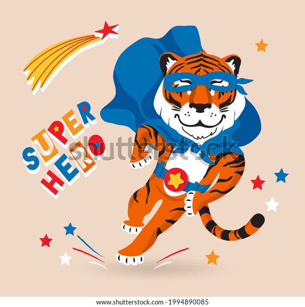 Cool cartoon tiger super hero vector for poster,\
t-shirt, print for kids. Funny brave powerful hero running in cute\
superhero costume blue cloak, at big letters SUPERHERO. 2022\
chinese New Year mascot