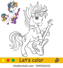 Genial caricatura de unicornio con guitarra. Colorear la página del libro con una plantilla colorida. Dibujo vectorial aislado. Para colorear libros, impresos, juegos, educación, fiesta, ducha de bebé, diseño, decoración, ropa