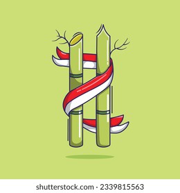 Cool cartoon vector of bamboo and indonesian flag. indonesian flag object icon vector illustrasion.