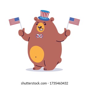 Cool cartoon vector illustration of a California state animal grizzly bear. The bear wearing patriotic cylinder hat and waving US flags. Holiday stars, stripes. Great graphic for California CA state